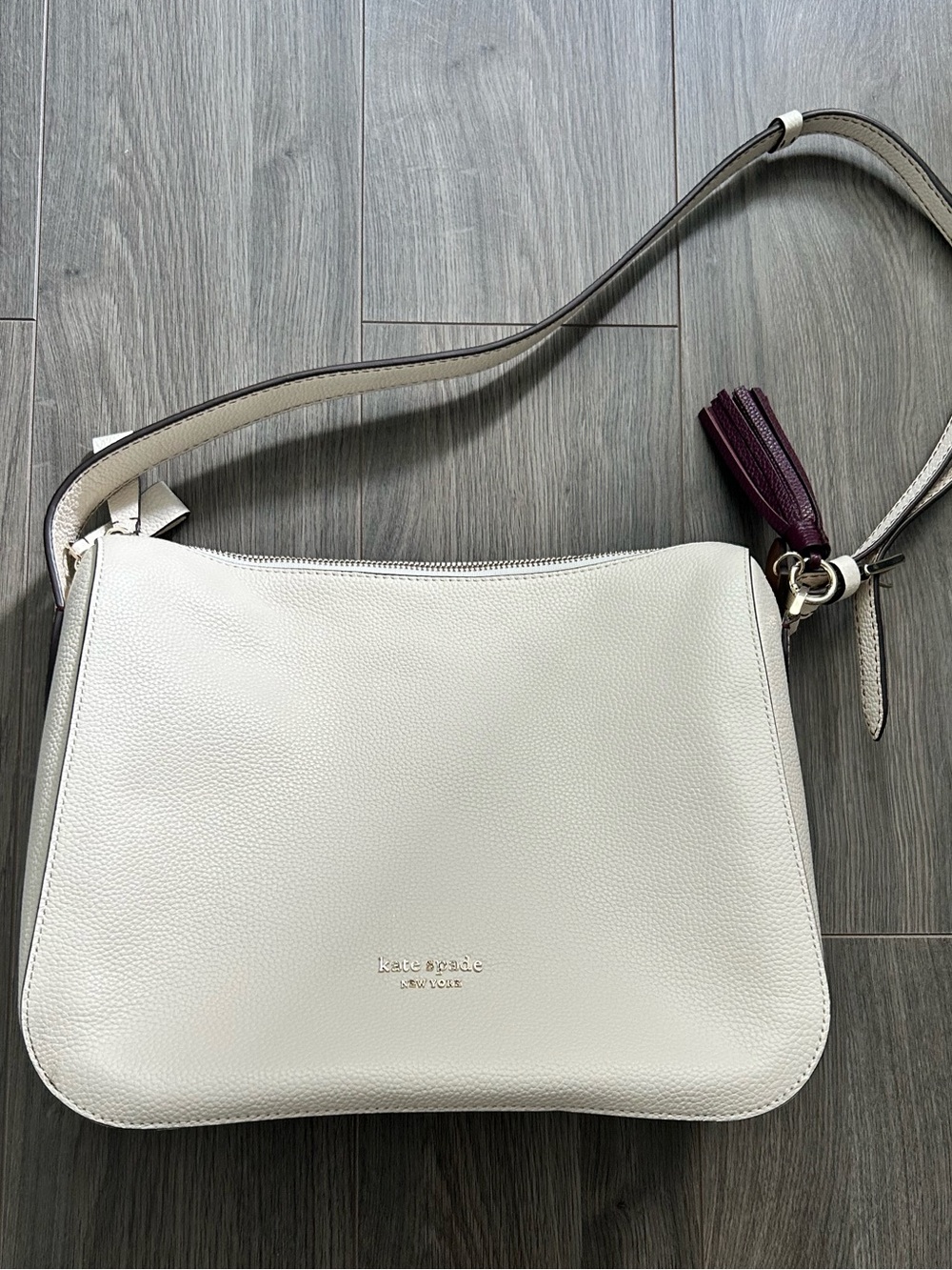 Kate Spade Anyday White Pebbled Leather Shoulder Bag with Burgundy Tassel